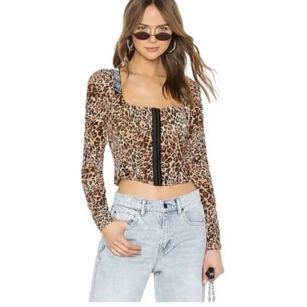 I.AM.GIA Chelsea Leopard Corset Top Size XS Lace-up Back Long Mesh Sleeves
